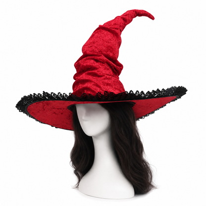 Red and Black Wide Brim Witch Hat, Tall Curved Pointed Top with Black Lace Trim main product view