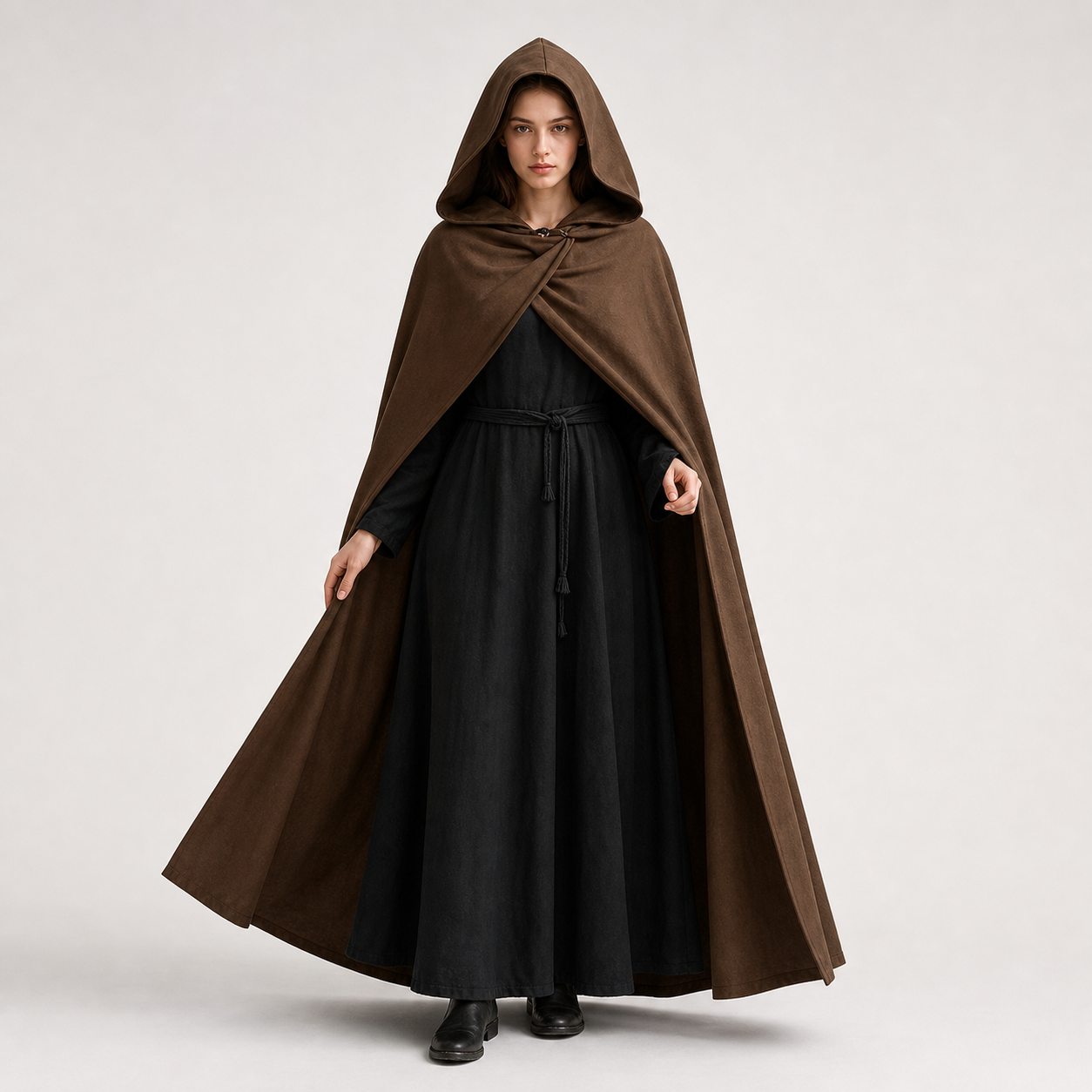 Medieval Fantasy Hooded Cloak, Deep Brown Long Draped Cape with Overlapping Front and Pointed Hem for Role Play, Stage Styling and Outdoor Wear