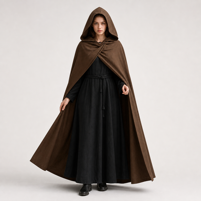 Medieval Fantasy Hooded Cloak, Deep Brown Long Draped Cape with Overlapping Front and Pointed Hem for Role Play, Stage Styling and Outdoor Wear