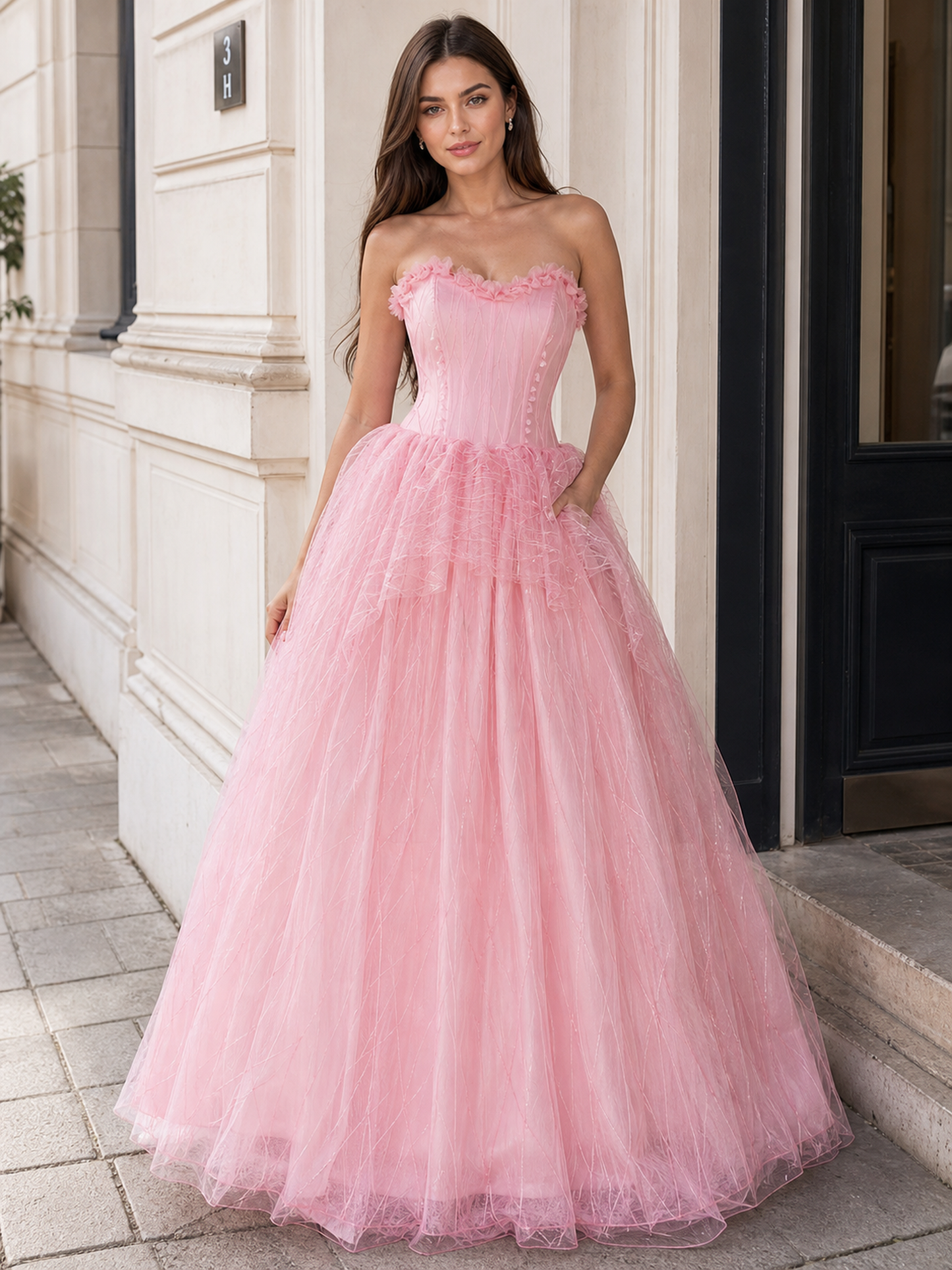 Pink cosplay dress with belt and white vest