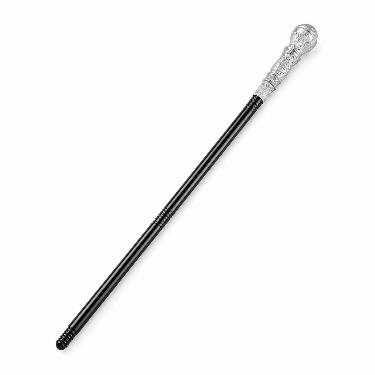1pc Vintage Black And Bright Silver Carved Ball Handle Scepter Cane, Ornate main product view