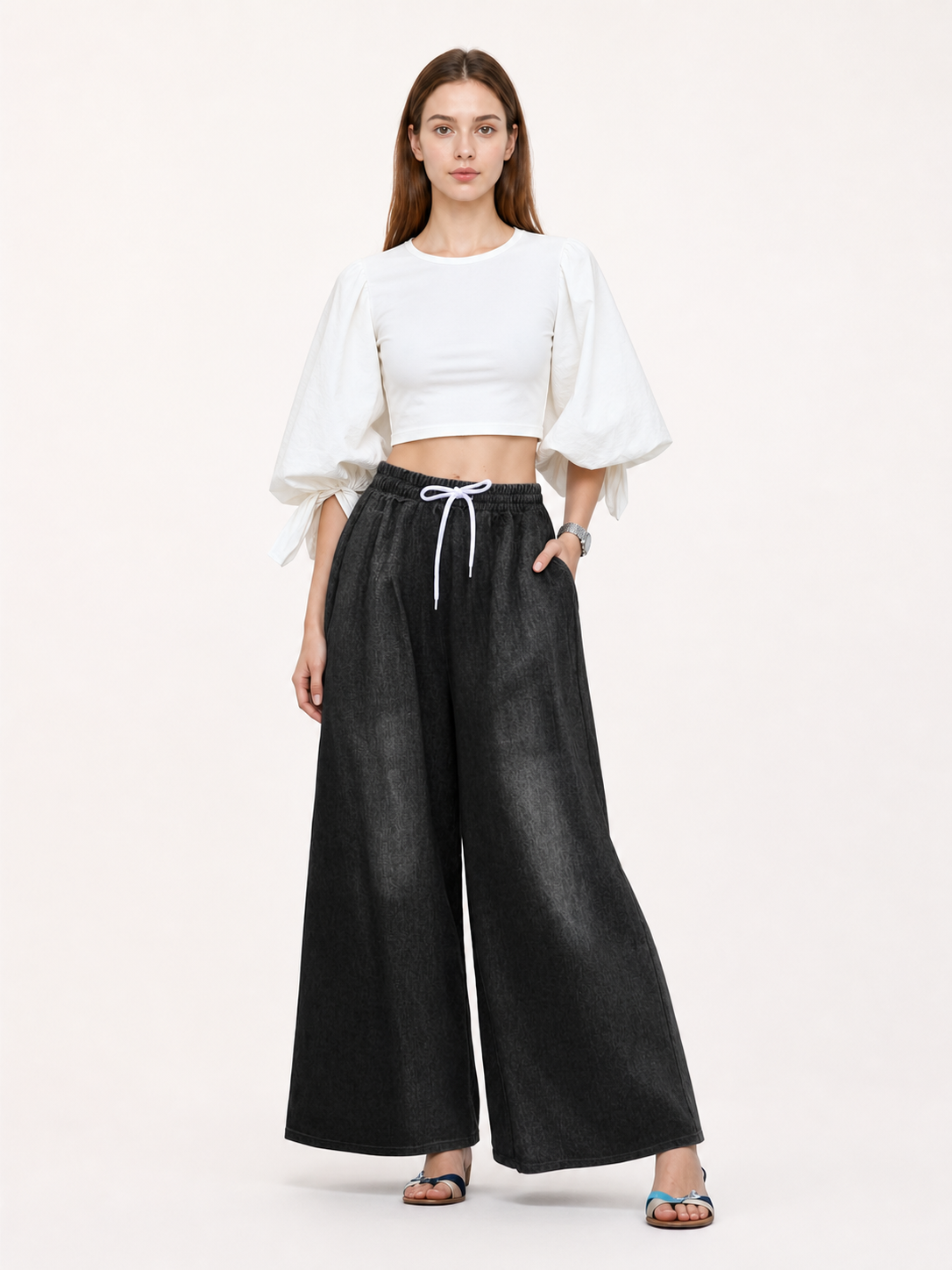 Solid Black Wide-Leg Pants with Elastic Waist and Contrast White Drawstrings main product view 4