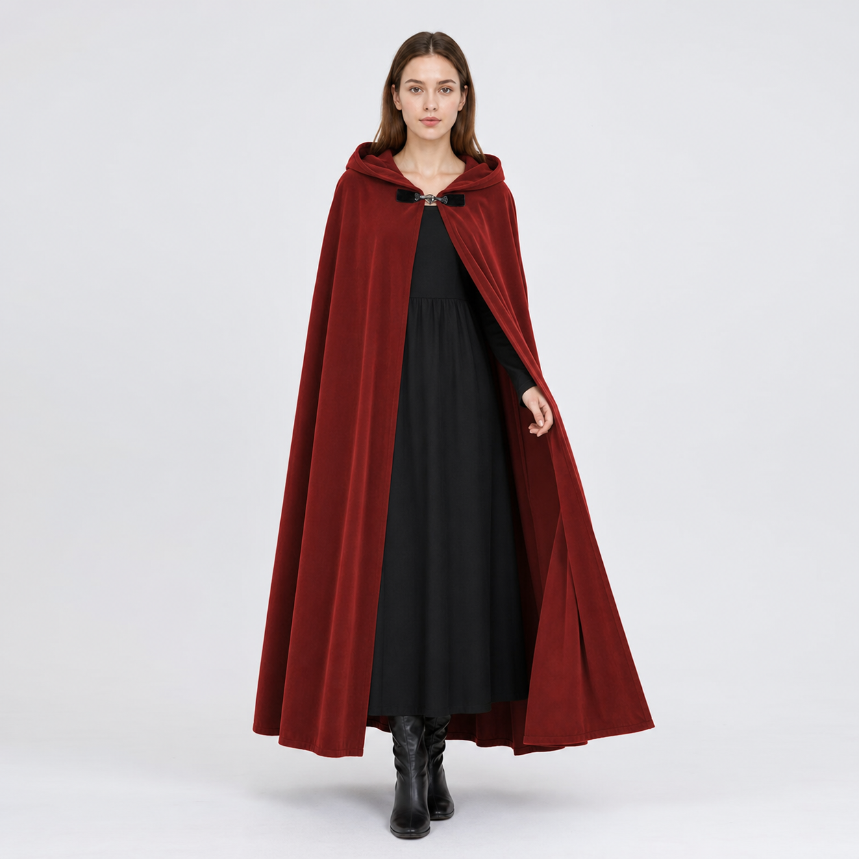 Medieval Hooded Cape with Oversized Hood, Burgundy Velvet-Like Flowing Cloak for Cosplay, Halloween, Themed Parties and Stage Performances