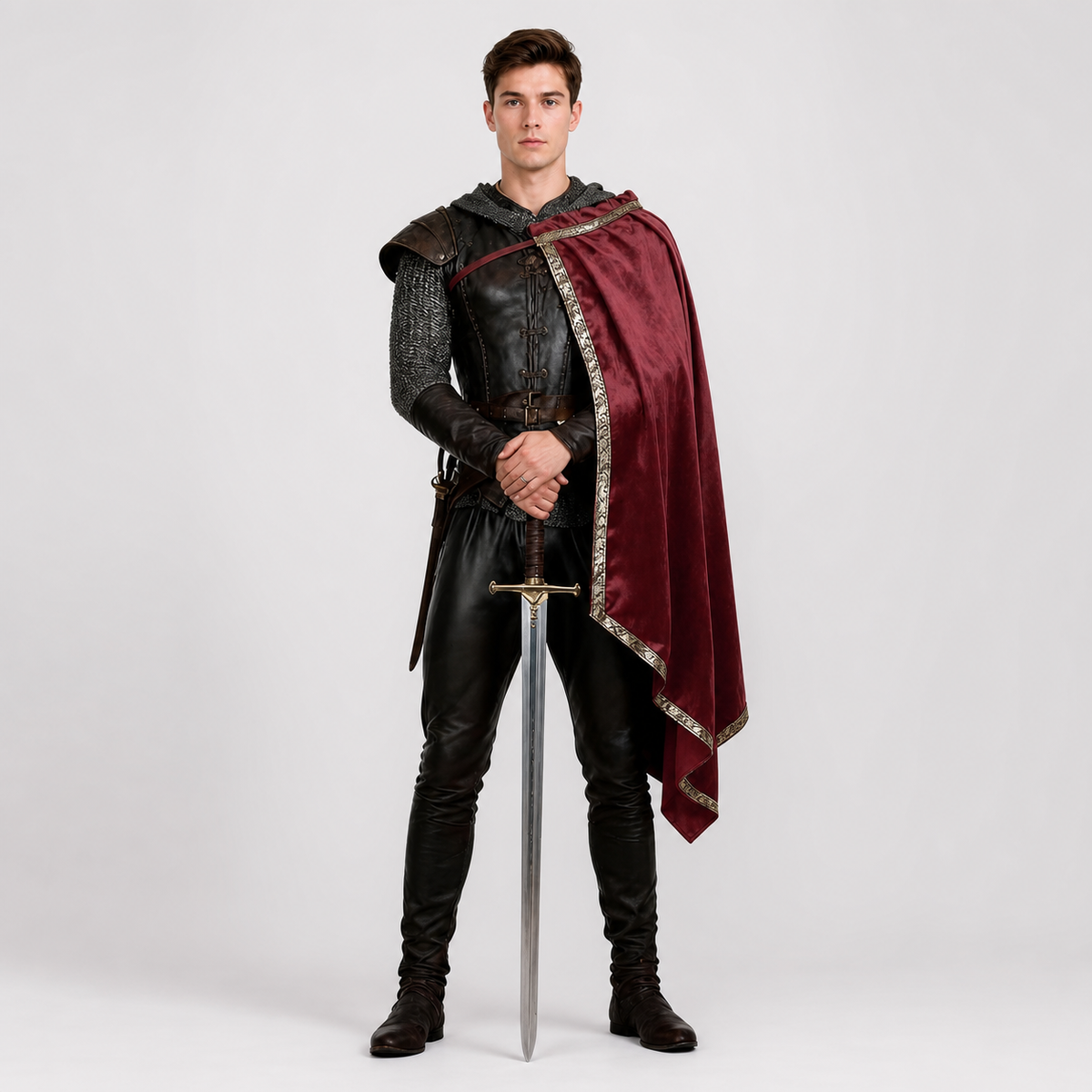 Burgundy cape with gold trim shown full-length on a male model wearing black armor, with a sword in front