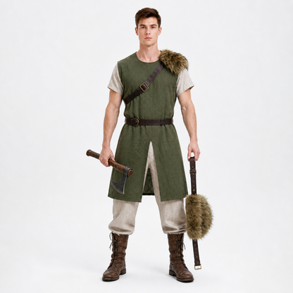 Full-body studio model wearing a green sleeveless vest with fur shoulder trim, brown belt and split front over cream trousers