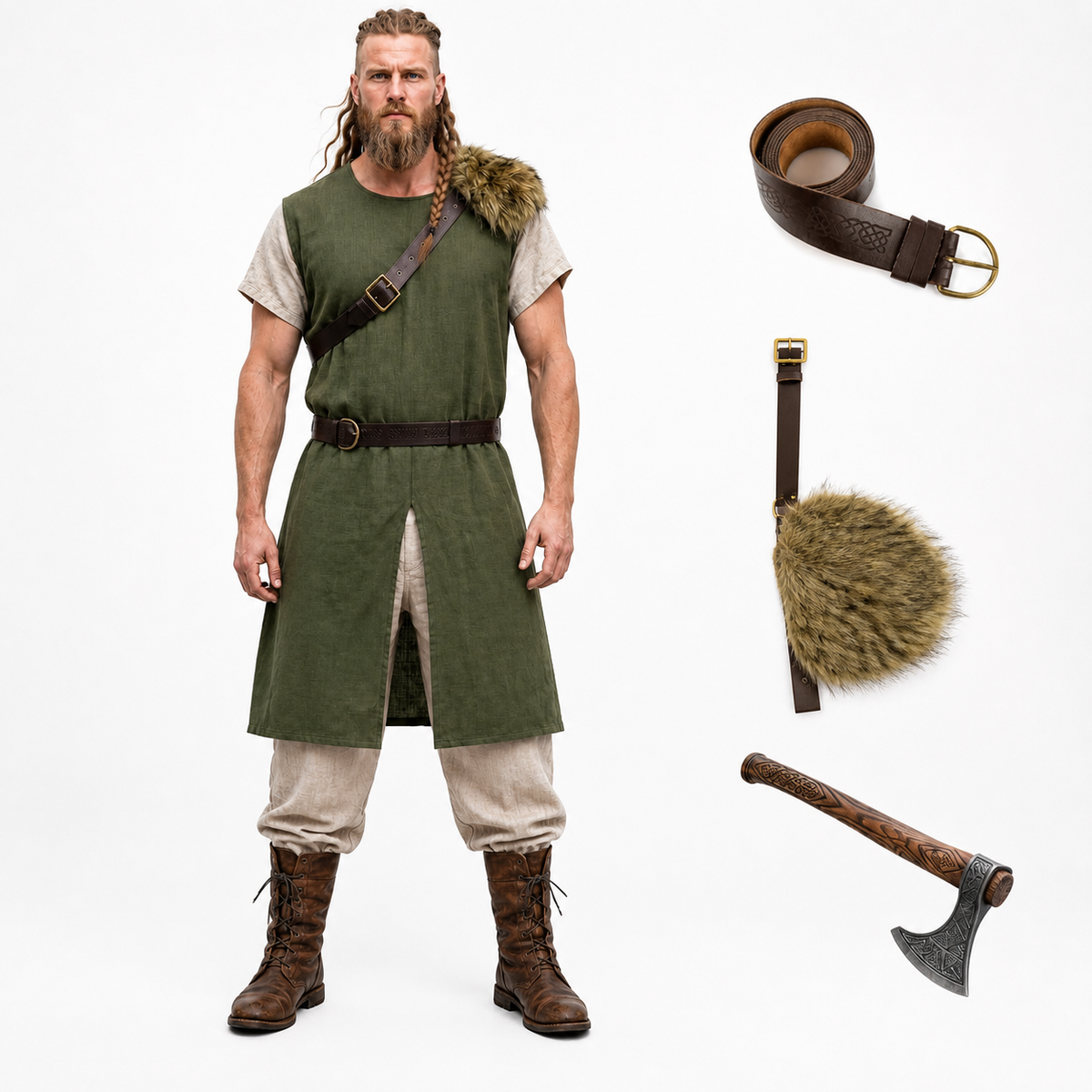 Studio product scene showing a green vest on a model with fur shoulder trim, belt, fur accessory and decorative axe