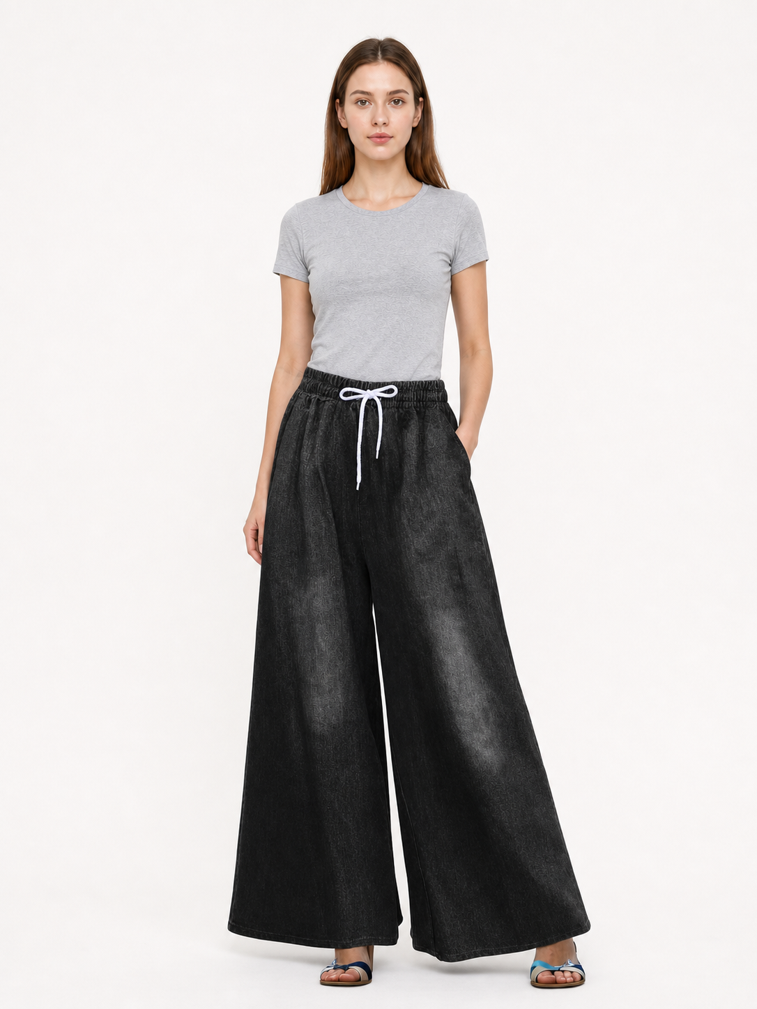 Solid Black Wide-Leg Pants with Elastic Waist and Contrast White Drawstrings main product view 5
