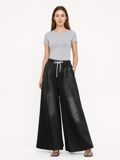 Solid Black Wide-Leg Pants with Elastic Waist and Contrast White Drawstrings main product view 5