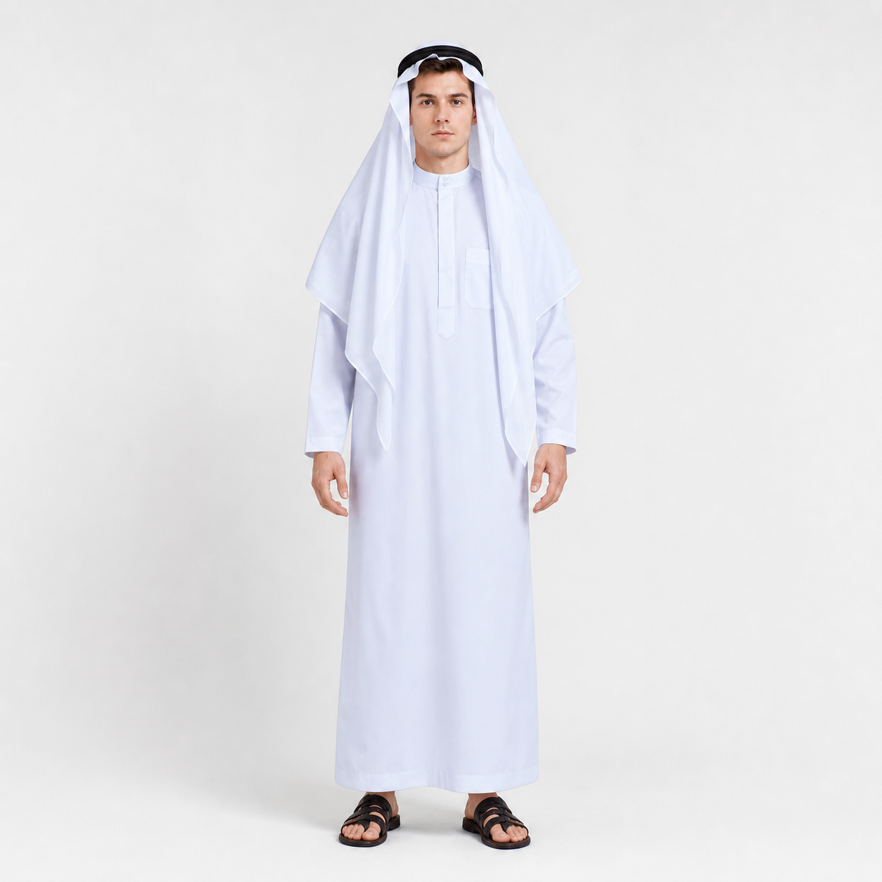 Men's Traditional Muslim Robe Outfit, Full-Length White Robe with Draped Head Covering and Black Headband