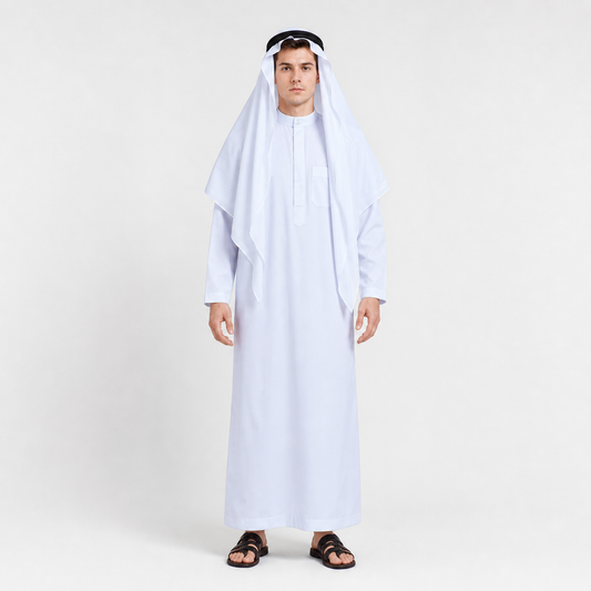 Men's Traditional Muslim Robe Outfit, Full-Length White Robe with Draped Head Covering and Black Headband