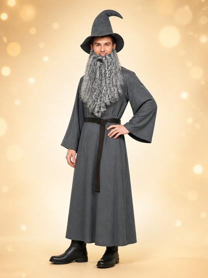Adult Halloween Wizard Costume Set - 5Pcs Long Sleeve Robe, Curved Hat, Belt main product view 2