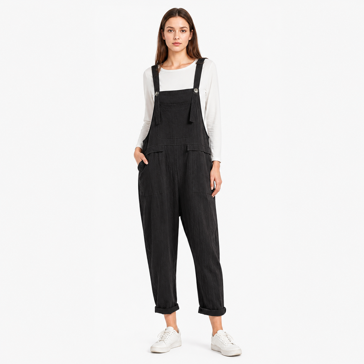 Black Bib Overalls, Loose Fit Long Pants with Chest and Side Pockets, Folded main product view