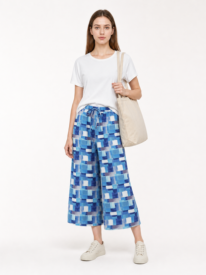 Blue and White Palazzo Pants with Geometric Print main product view 3