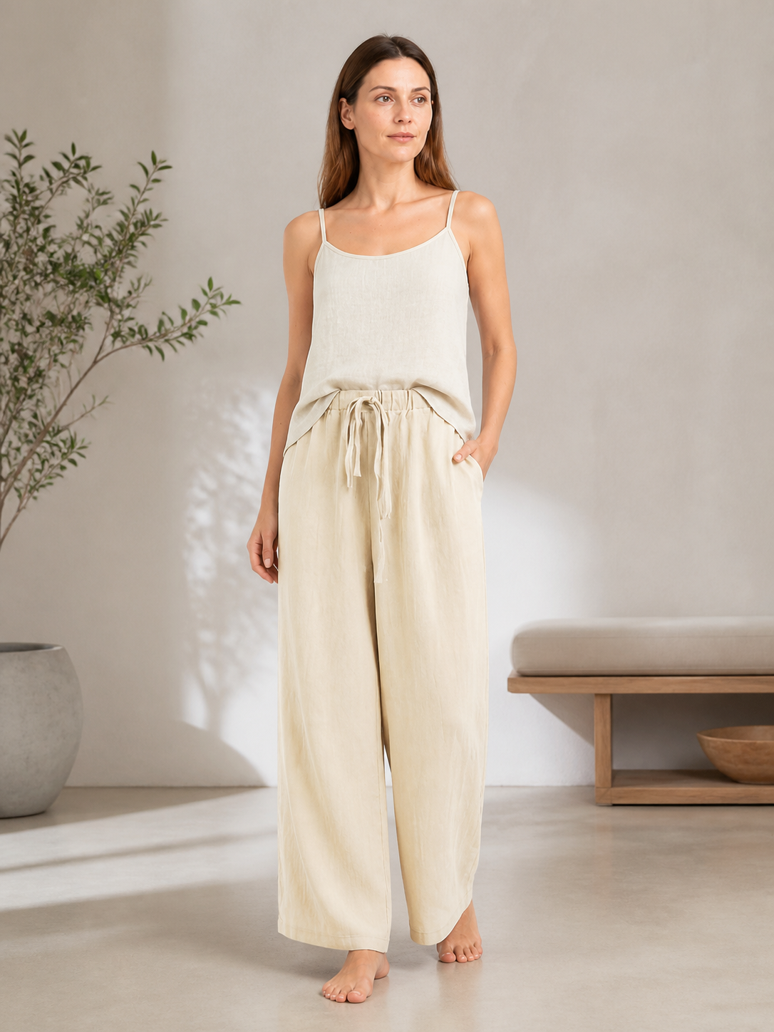 Beige Wide-Leg Pants with an Elastic Waistband and Drawstring main product view 4