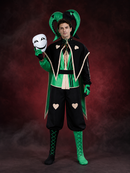 Black and green jester clown costume worn with the white smiling mask held in hand