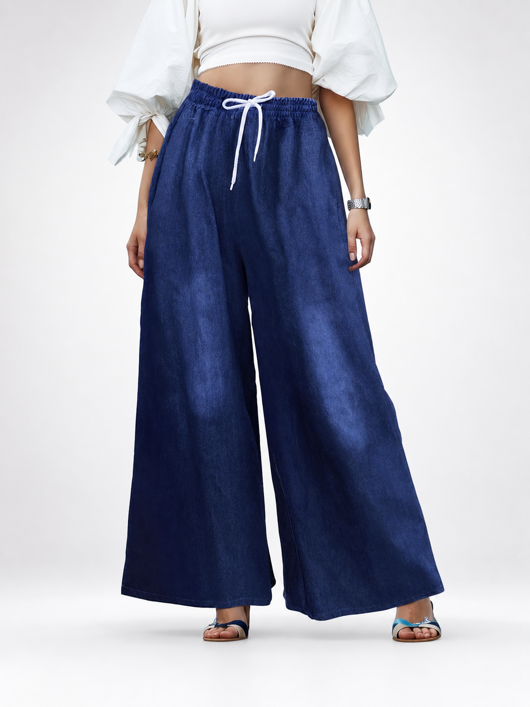 Dark Blue Palazzo Pants with an Elastic Waistband and White Drawstring main product view