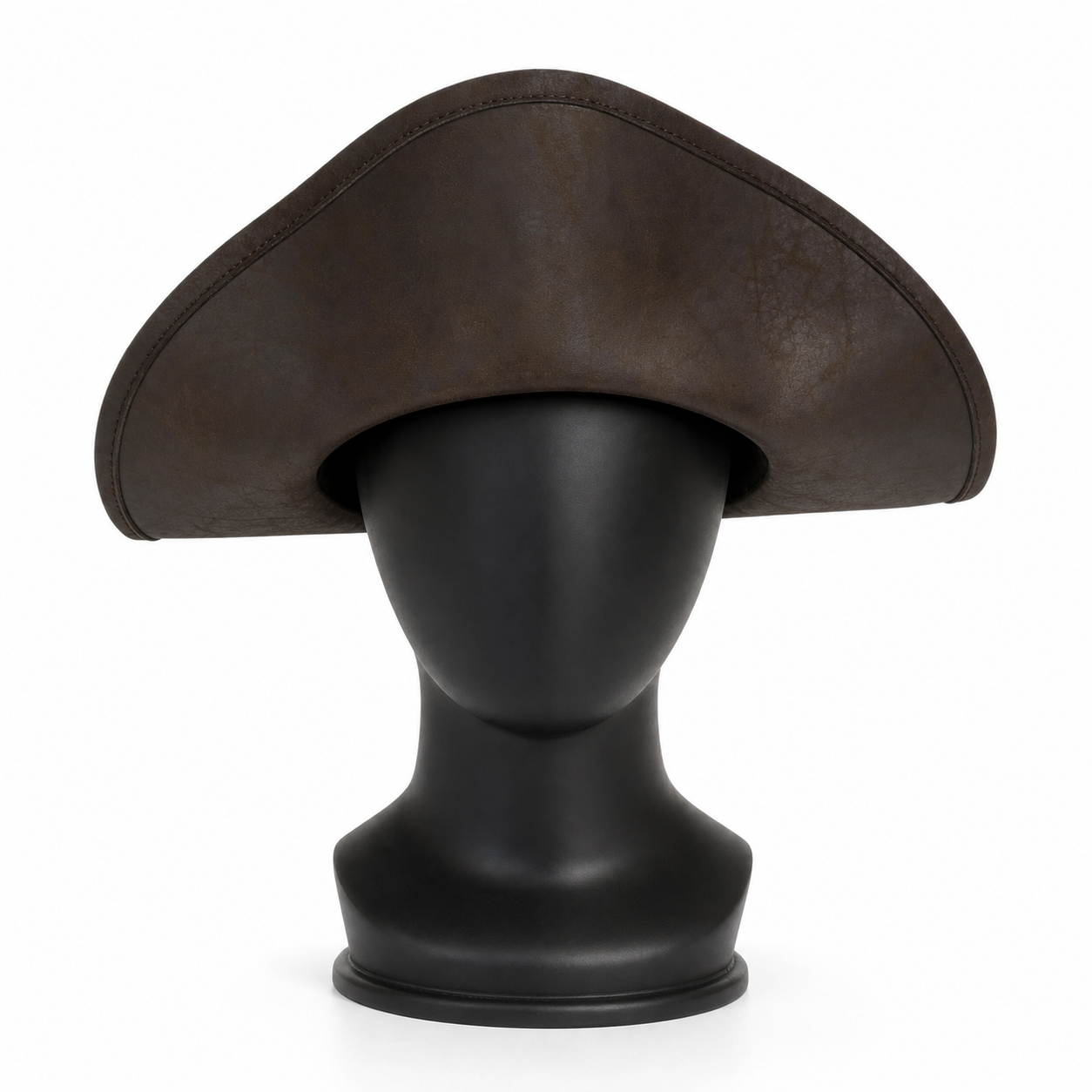 Dark Brown Tricorn Pirate Hat, Three-Cornered Structured Crown with Broad Curved Upturned Brim and Stitched Edging for Cosplay Costumes, Theatrical Performances and Fantasy Events
