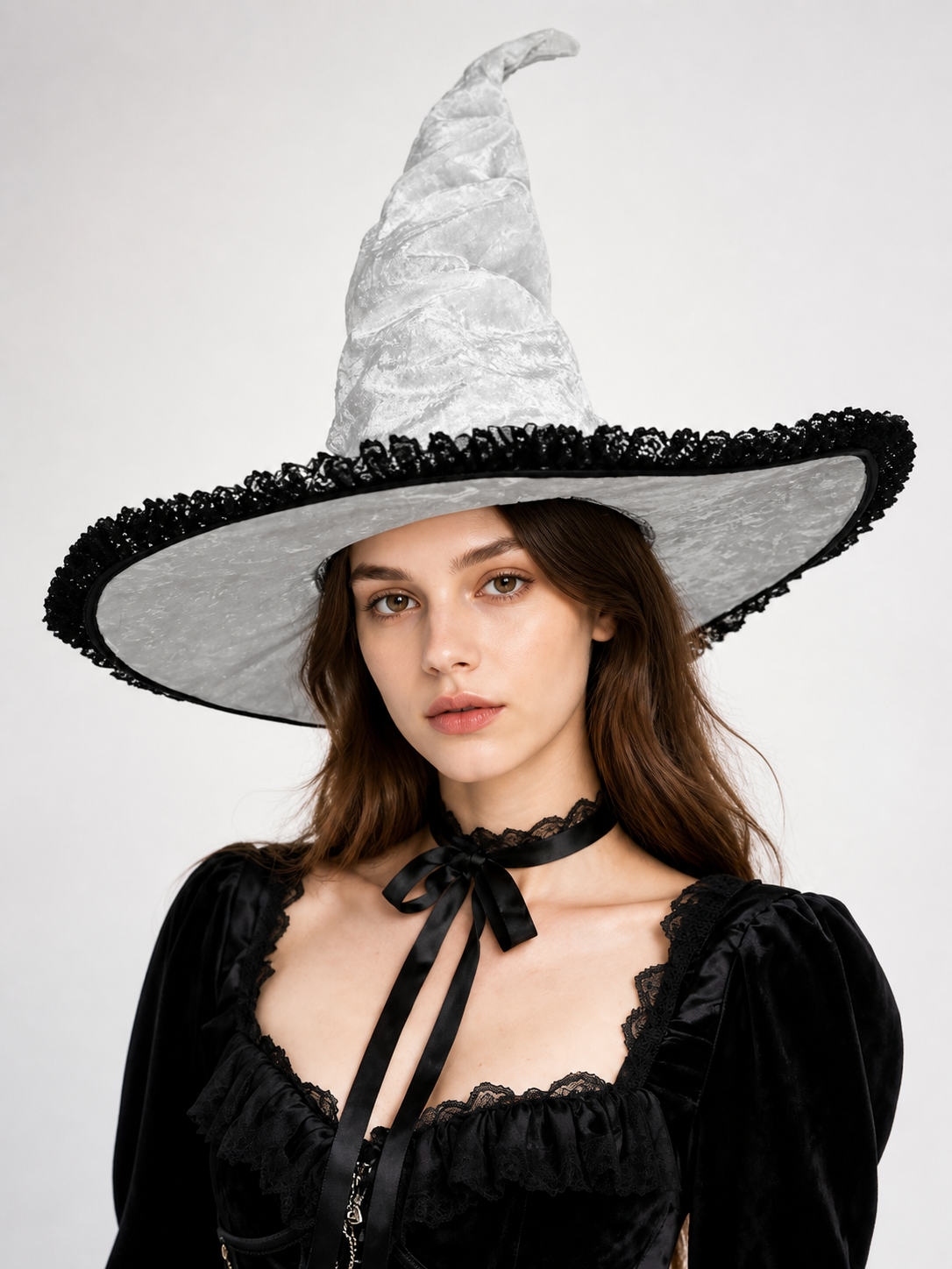 White and Black Witch Hat, Wide Brim Pointed Hat with Lace Trim and Curved main product view 4