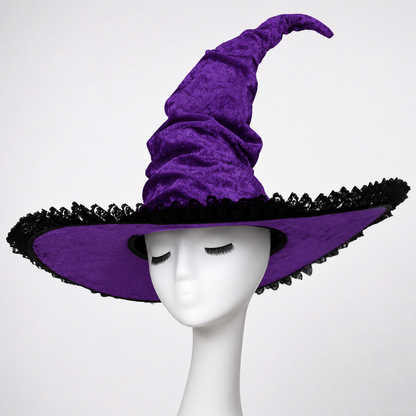 Halloween Witch Hat, Tall Curved Pointed Crown, Wide Irregular Brim, Deep Purple Gothic Style with Black Trim for Cosplay and Themed Parties