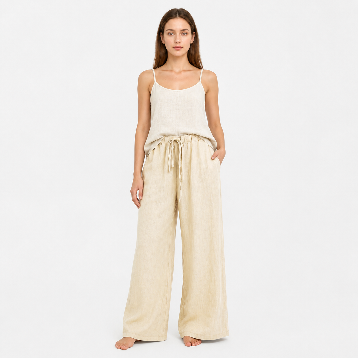 Beige Wide-Leg Pants with an Elastic Waistband and Drawstring main product view 2