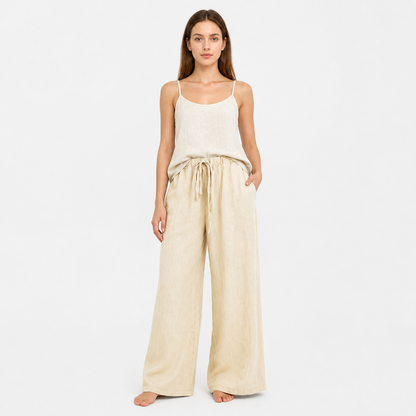 Beige Wide-Leg Pants with an Elastic Waistband and Drawstring main product view 2