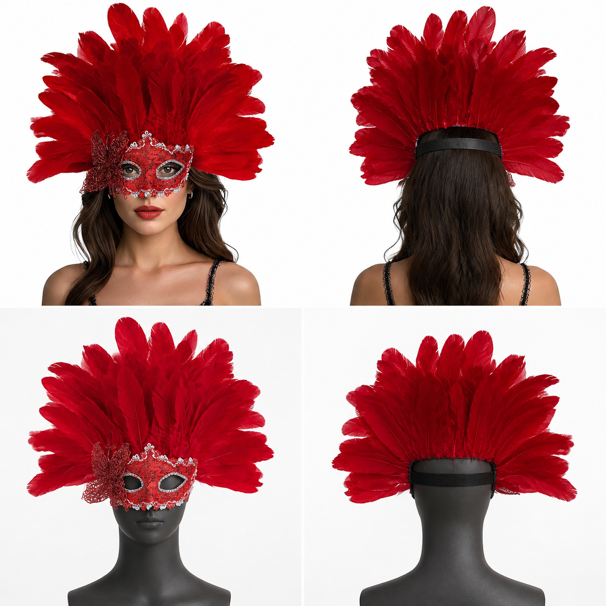 Four-panel view of the red feather mask worn on a model and mannequin, showing the front and black rear headband