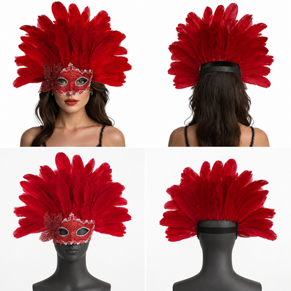Four-panel view of the red feather mask worn on a model and mannequin, showing the front and black rear headband