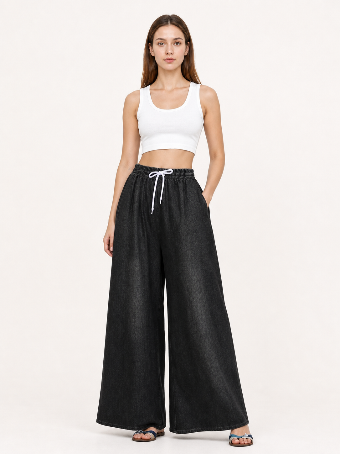 Solid Black Wide-Leg Pants with Elastic Waist and Contrast White Drawstrings main product view 6
