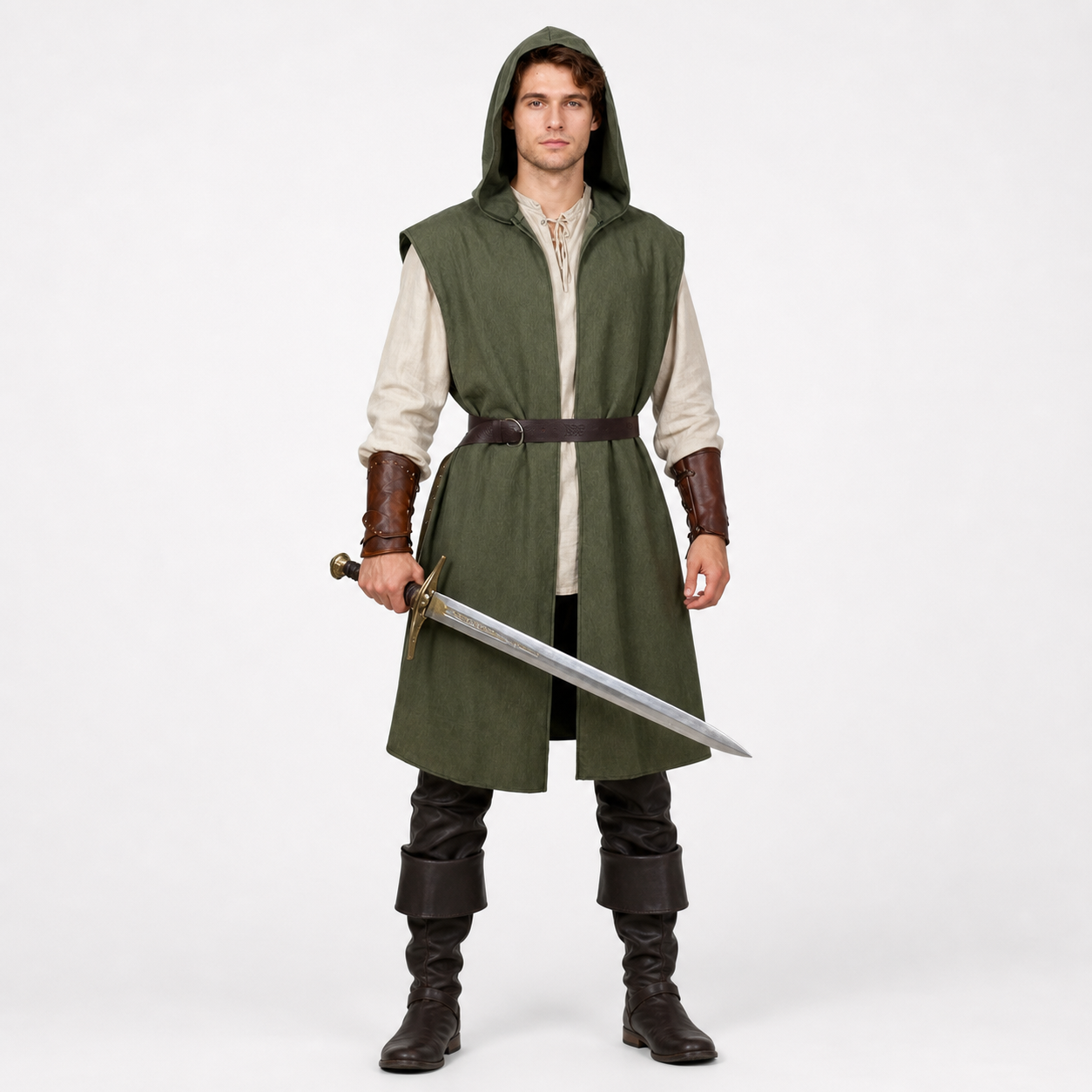 Medieval Fantasy Role Play Costume Set, 2-Piece Olive Green Hooded Sleeveless main product view
