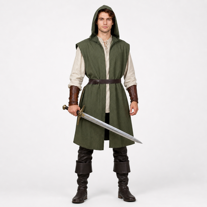 Medieval Fantasy Role Play Costume Set, 2-Piece Olive Green Hooded Sleeveless main product view