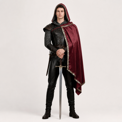 Hooded burgundy cape with gold trim shown full-length on a male model wearing black armor, with a sword in front