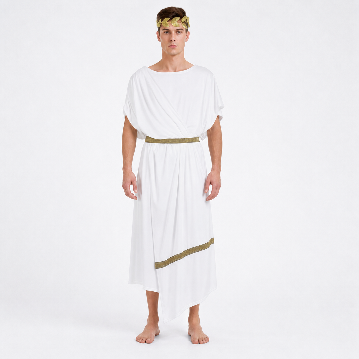 Adult Men's Ancient Greek Costume Set, 3pcs Draped Robe With Gold Trim, Waist Belt And Laurel Wreath For Cosplay Theme Parties