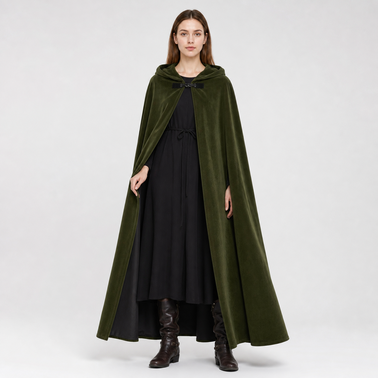 Medieval Fantasy Long Hooded Cape with Oversized Hood, Velvety-Look Green Exterior and Black Lining for Cosplay Events