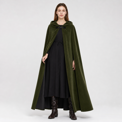 Medieval Fantasy Long Hooded Cape with Oversized Hood, Velvety-Look Green Exterior and Black Lining for Cosplay Events