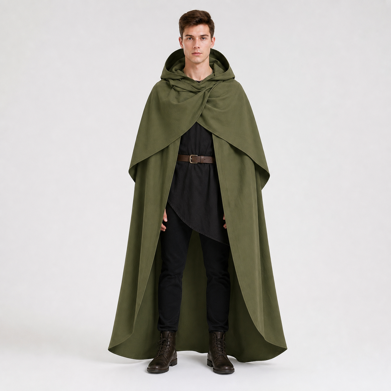 Medieval Hooded Cloak, Olive Green Full-Length Cape with Pointed Hood and Front Tie for Cosplay and Role-Playing