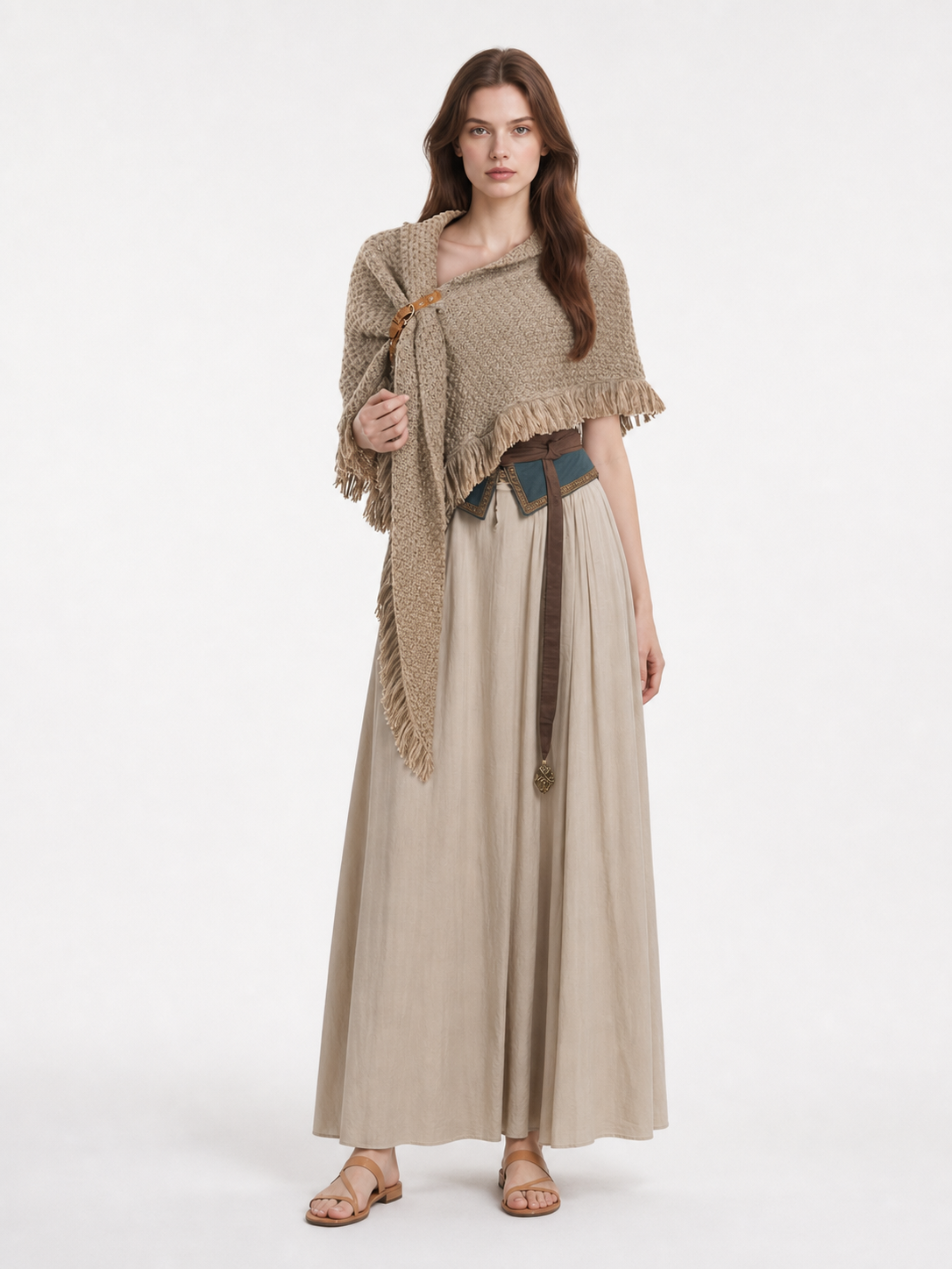 Beige fringed cape worn over a long light skirt, shown full-body with a side clasp and long pointed front panel