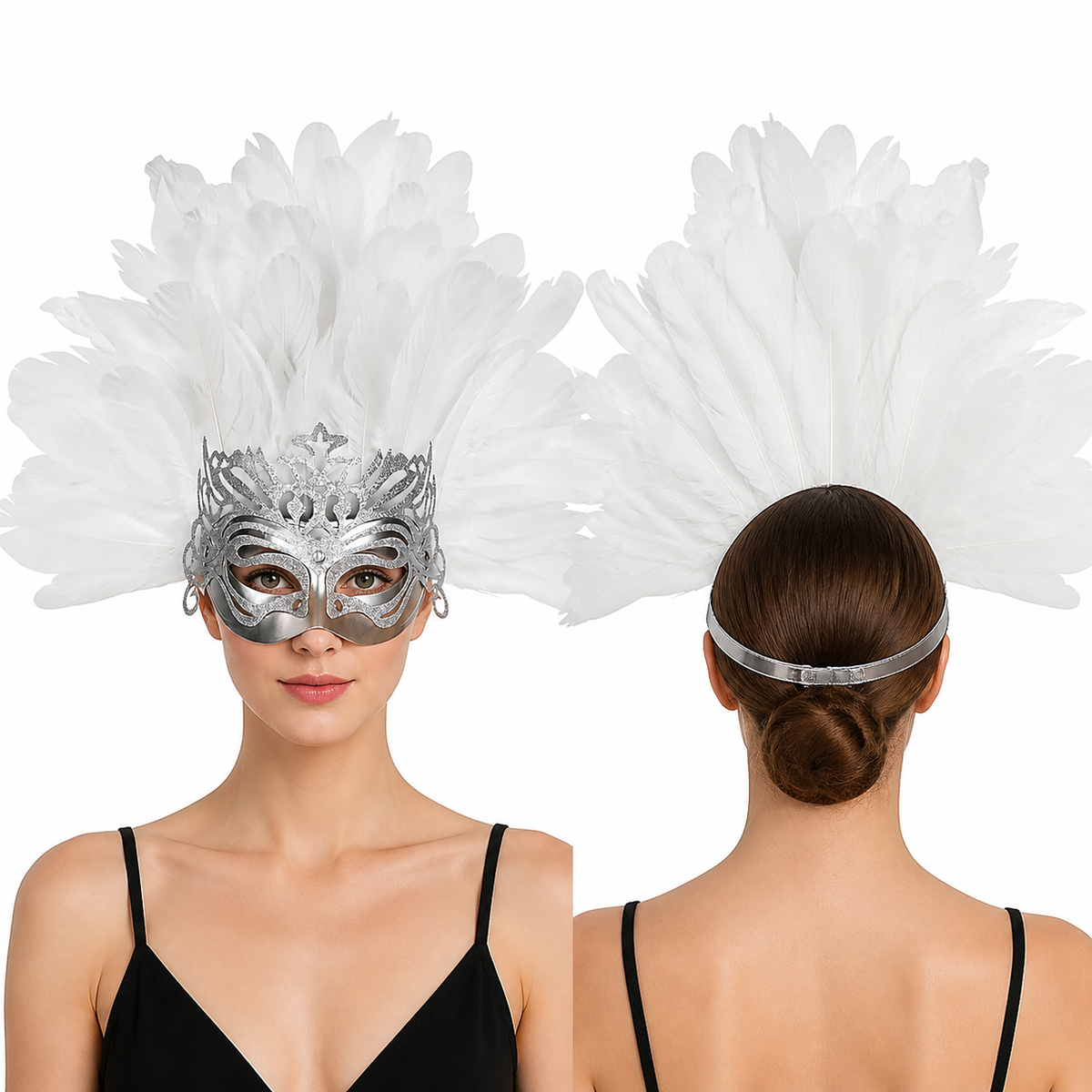 Front and back views of a woman wearing a silver feathered eye mask with a visible headband