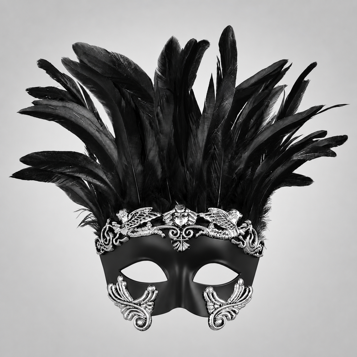 1pc Halloween Black and Silver Feather Half Face Masquerade Mask, Venetian Style