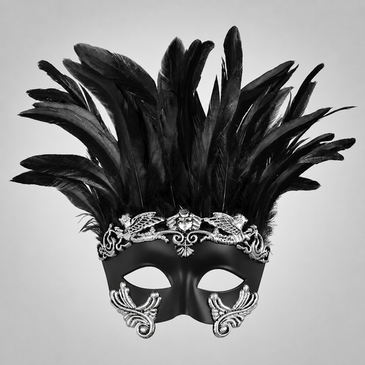 1pc Halloween Black and Silver Feather Half Face Masquerade Mask, Venetian Style
