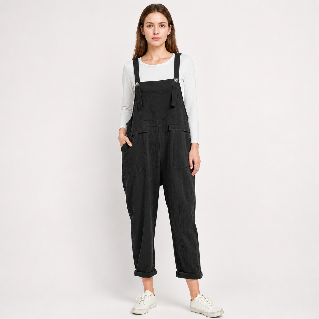 Black Bib Overalls, Loose Fit Long Pants with Chest and Side Pockets, Folded main product view 2