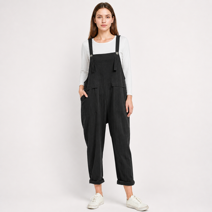 Black Bib Overalls, Loose Fit Long Pants with Chest and Side Pockets, Folded main product view 2