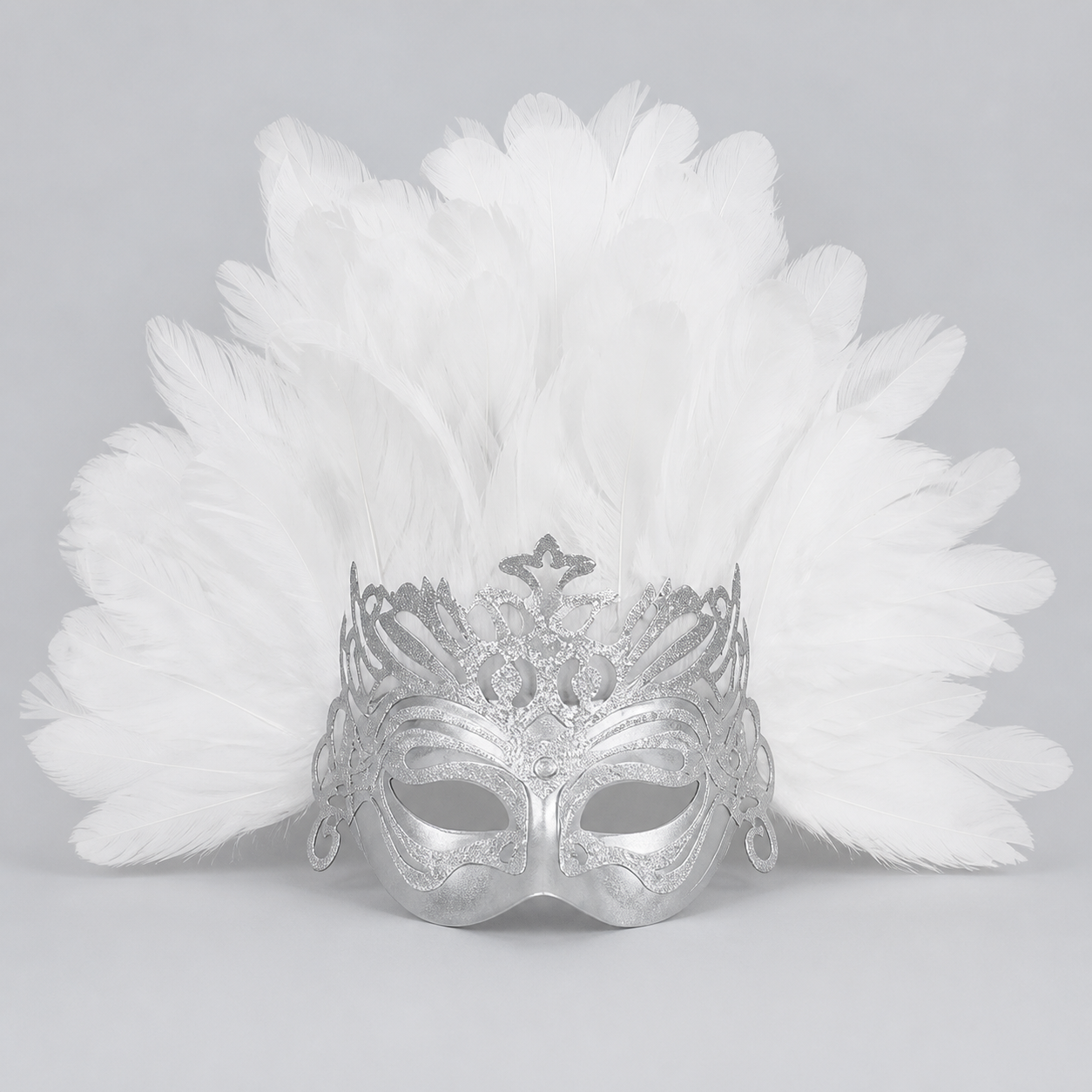 1pc White Feather Mask with Silver Lace Hollow Out, Crown Headdress for Vintage main product view