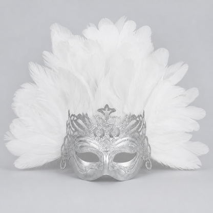 1pc White Feather Mask with Silver Lace Hollow Out, Crown Headdress for Vintage main product view