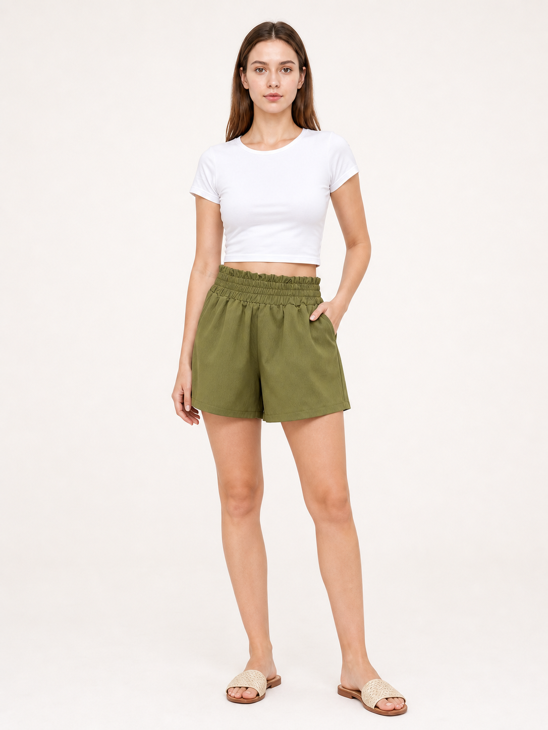 Olive-Colored High-Waisted Shorts with Pockets main product view
