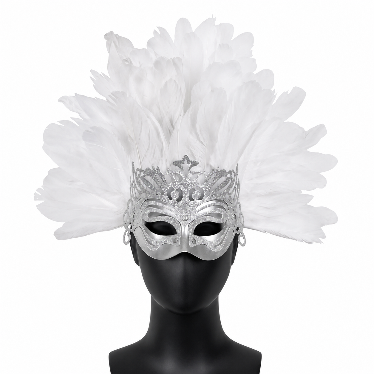 1pc White Feather Mask with Silver Lace Hollow Out, Crown Headdress for Vintage main product view 2