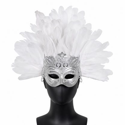 1pc White Feather Mask with Silver Lace Hollow Out, Crown Headdress for Vintage main product view 2