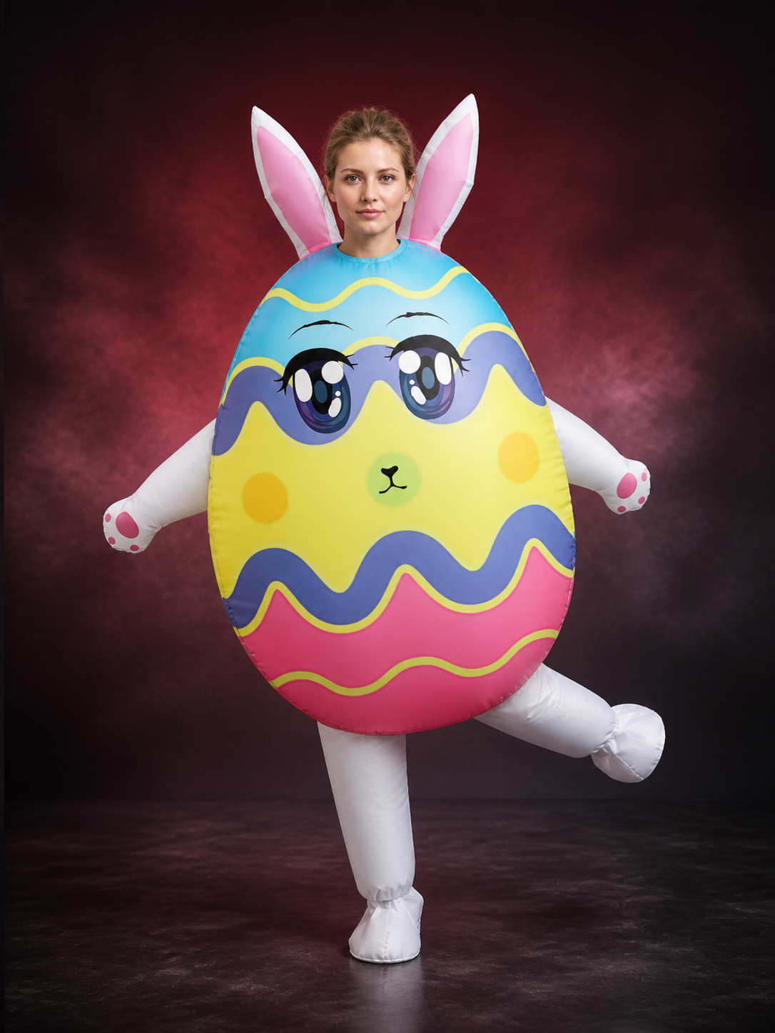Inflatable Rabbit Egg Bodysuit Costume, Cartoon Striped Animal Outfit with Long main product view 2