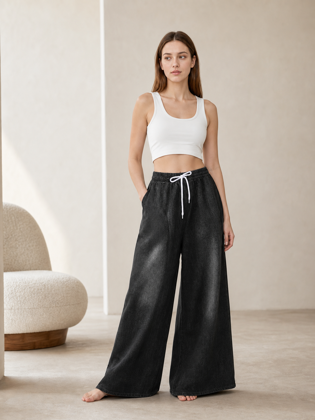 Solid Black Wide-Leg Pants with Elastic Waist and Contrast White Drawstrings main product view 7