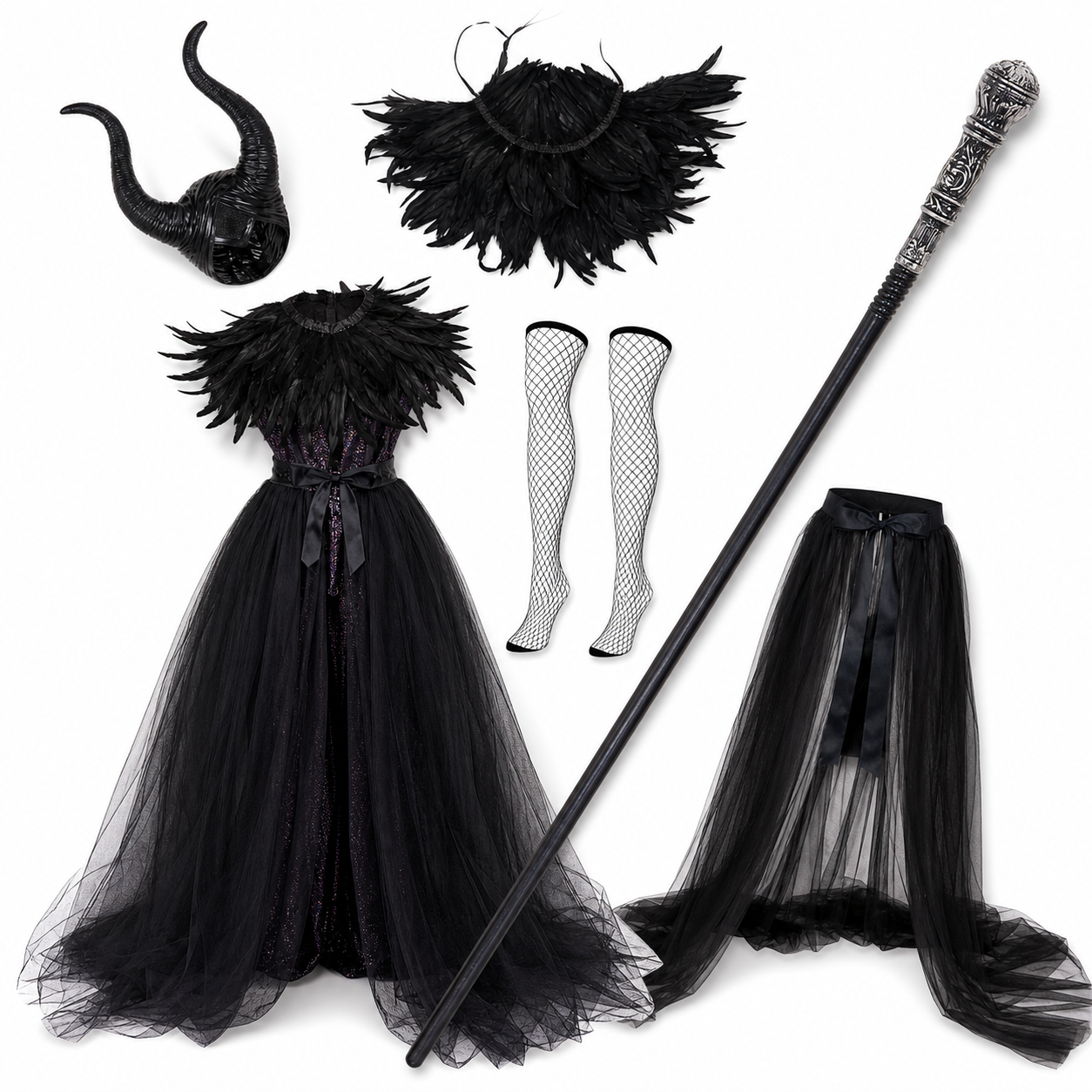 Gothic Costume with Horns, Feathers, Mesh, and Scepter main product view