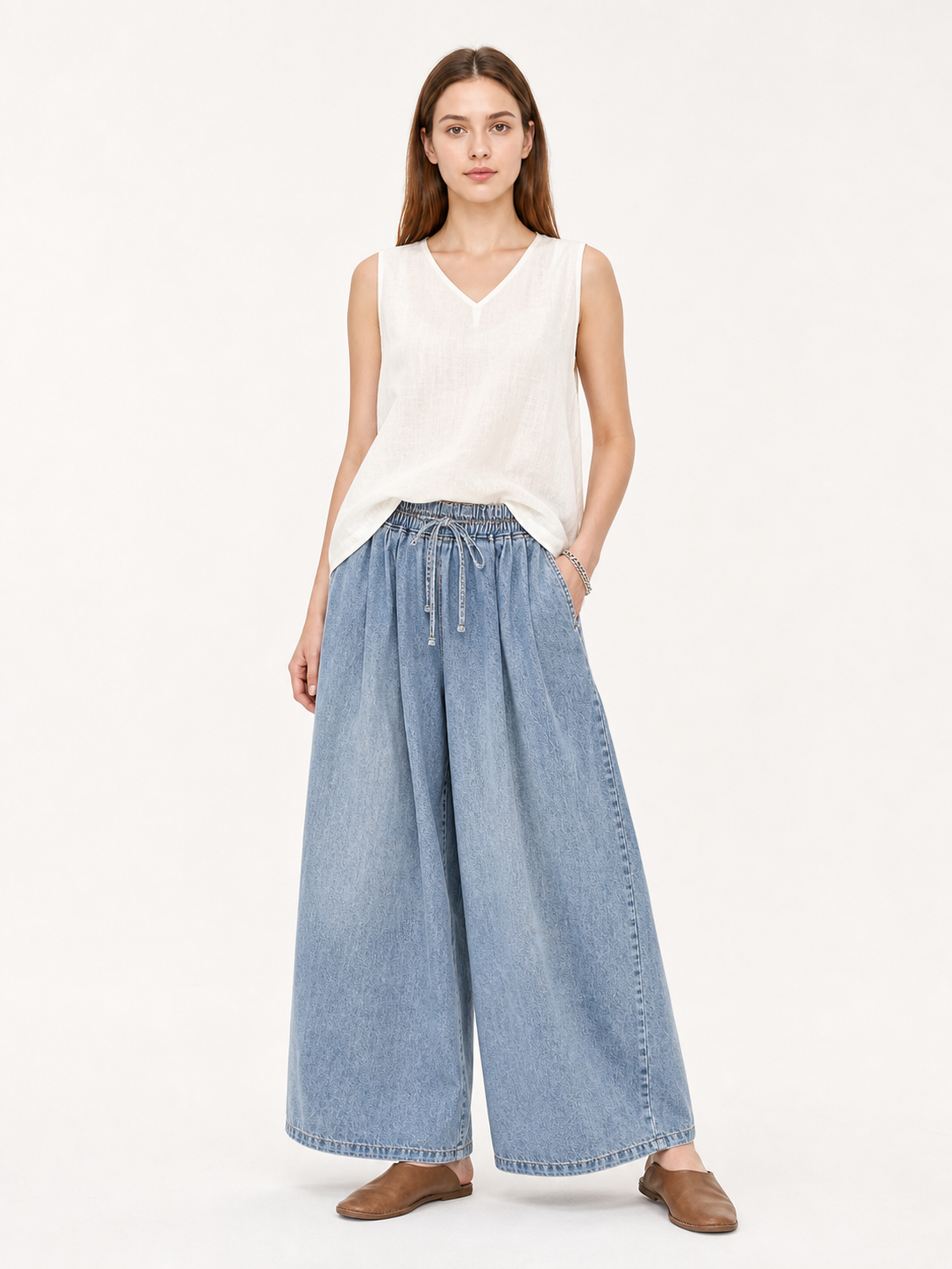 Light Blue Palazzo Pants with an Elastic Waist main product view 3